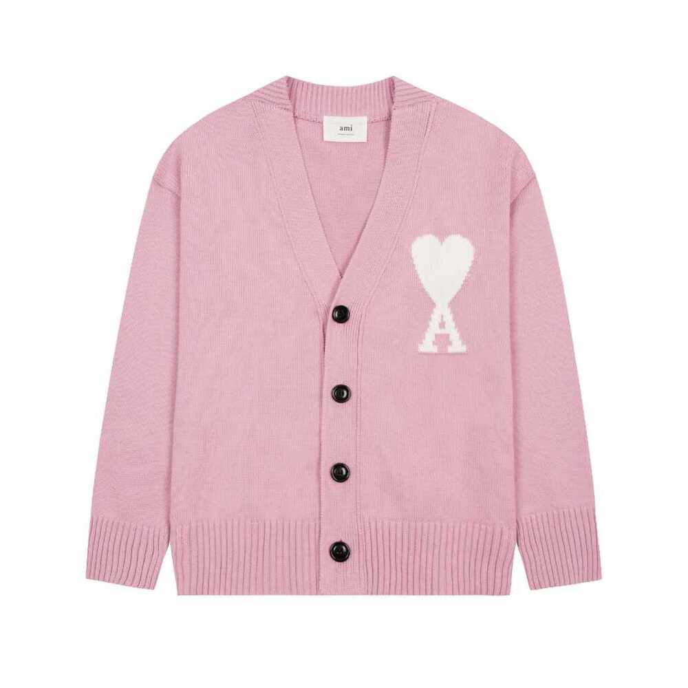 AMI Paris Pink Unisex White Heart‑A Logo Cardigan